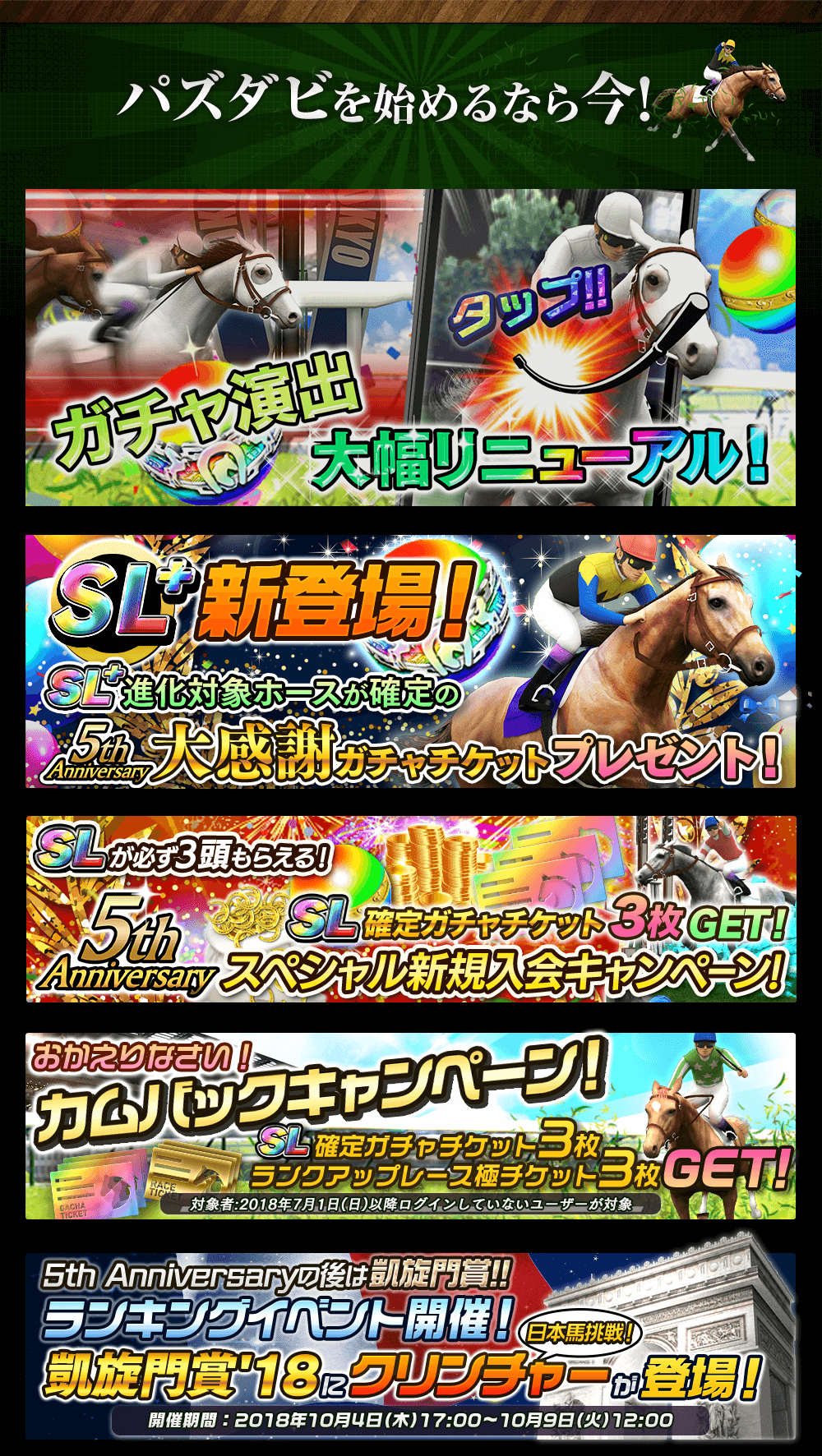 パズダビを始めるなら今!ガチャ演出大幅リニューアル!SL新登場!SL進化対象ホースが確定の大感謝ガチャチケットプレゼント!SLが必ず3頭もらえる!SL確定ガチャチケット3枚GET!スペシャル新規入会キャンペーン!おかえりなさい!カムバックキャンペーン!SL確定ガチャチケット3枚ランクアップレース極チケット3枚GET!5thAnniversaryの後は凱旋門賞!!ランキングイベント開催!凱旋門賞18にクリンチャー(日本馬挑戦!)が登場!開催期間：2018年10月4日(木)17：00～10月9日(火)12：00